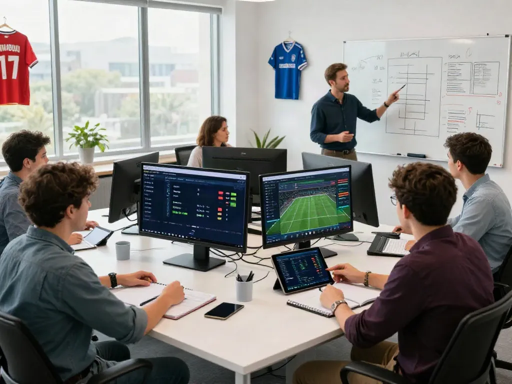 WWBOLA sports betting analysis with high-tech displays and team discussions.