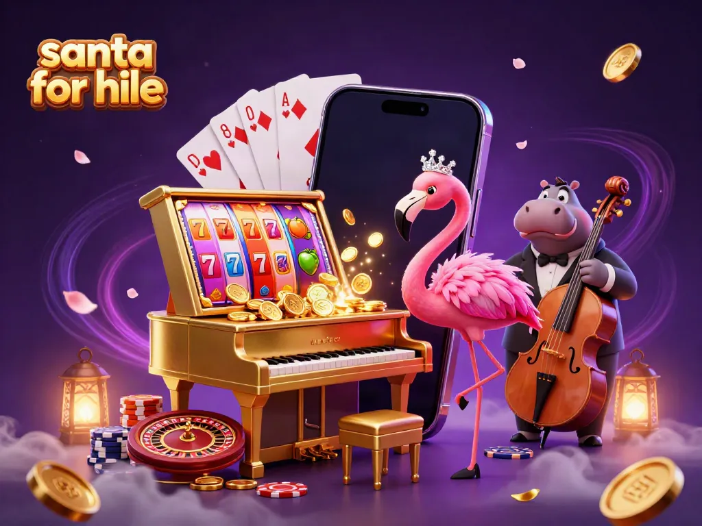 Experience the magic of Santa for hire during a festive casino event with colorful slot games and lively music.