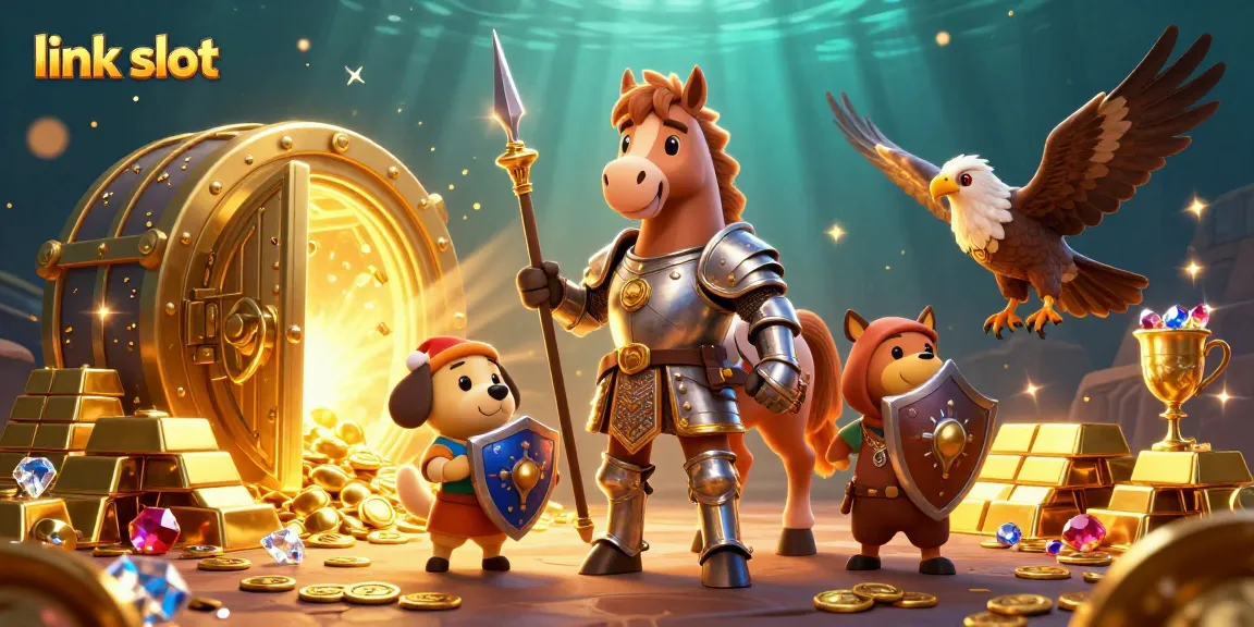 Engage with interactive link slot gameplay as a mighty knight and adorable squire navigate gold treasures.