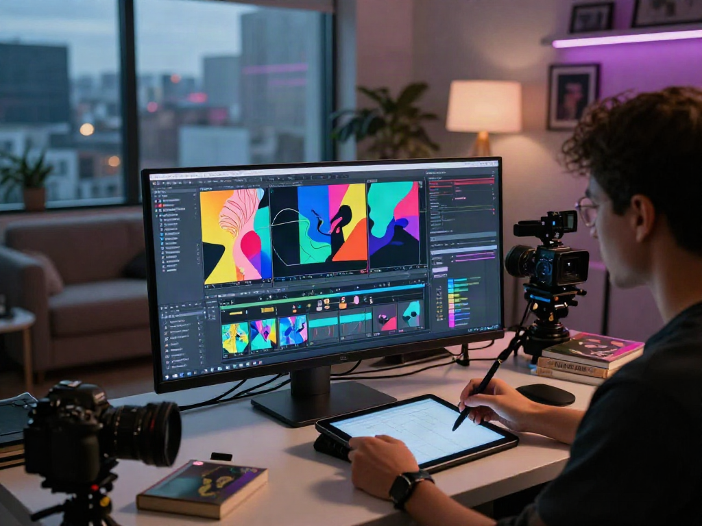 Creative professional using NSFW AI tools in a vibrant urban studio, showcasing artistic designs and technology.
