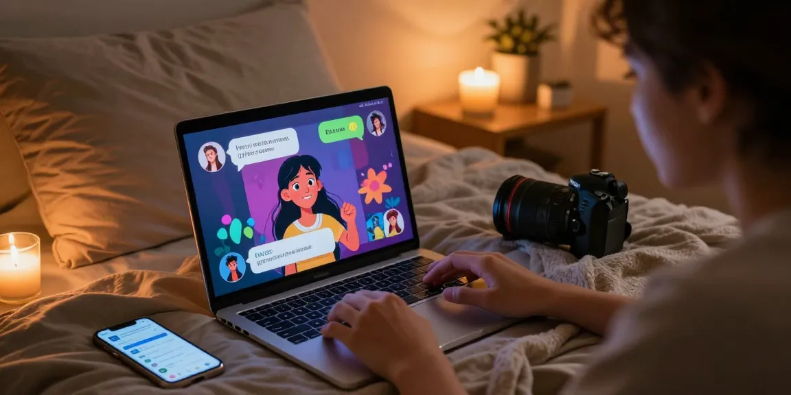 Engaging in ai chat nsfw on a laptop in a cozy bedroom setting with ambient lighting and colorful character displays.