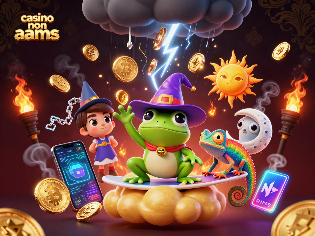 Vinci nel casino non AAMS con un mago della fortuna e ricchezze dorate in un'illustrazione vibrante.
