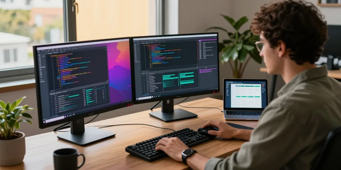 Software developer coding in a modern office with dual monitors, showcasing 纸飞机中文版 and vibrant interface designs in a dynamic workspace.