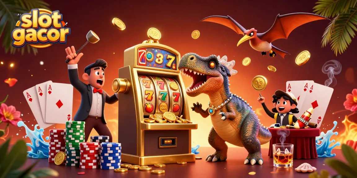 Experience the thrill of slot gacor with dinosaurs and golden jackpots in a vibrant casino scene.