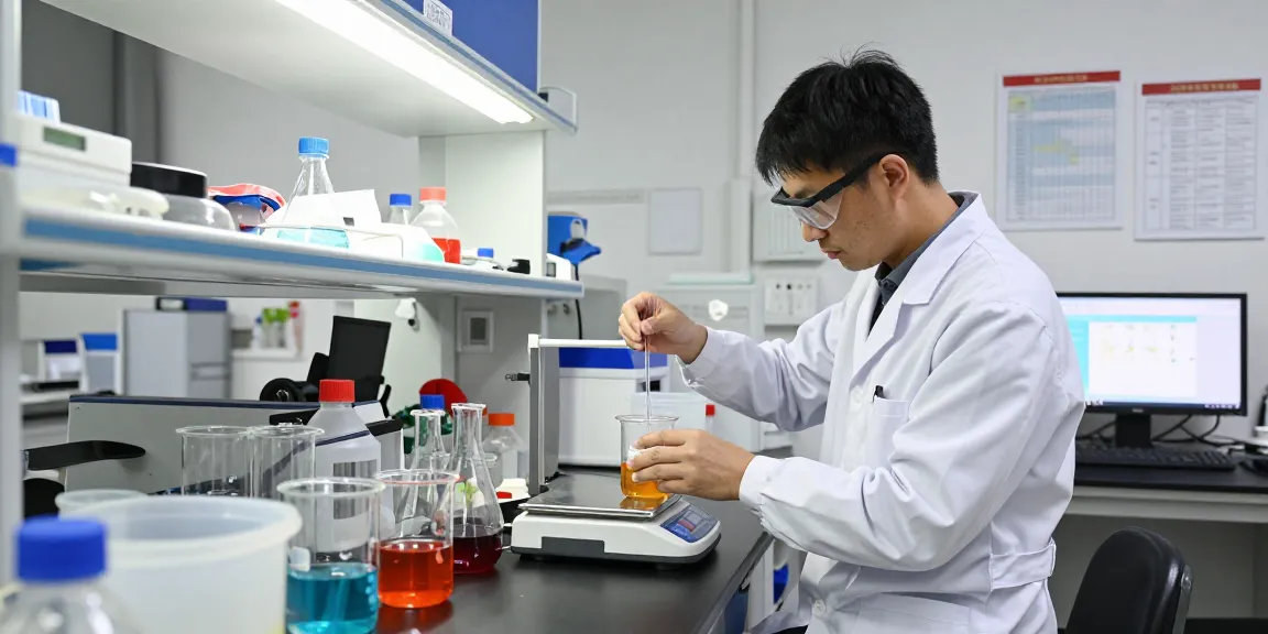 Chemical supply company laboratory with chemist measuring reagents for quality assurance.