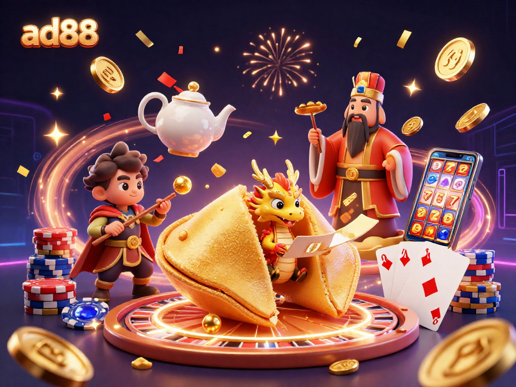 Engage in thrilling games at ad88 with a vibrant representation of casino fun highlighted by magical characters.
