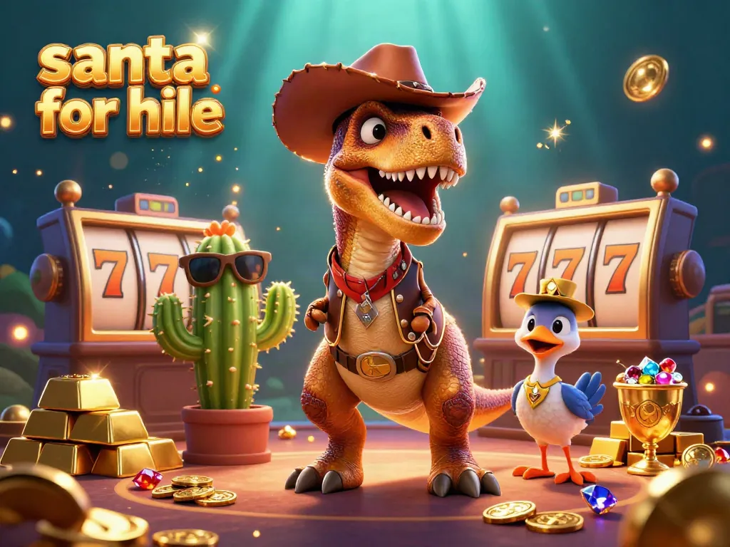 Santa for hire brings excitement to a vibrant gambling scene with cartoon dinosaurs and slot machines.