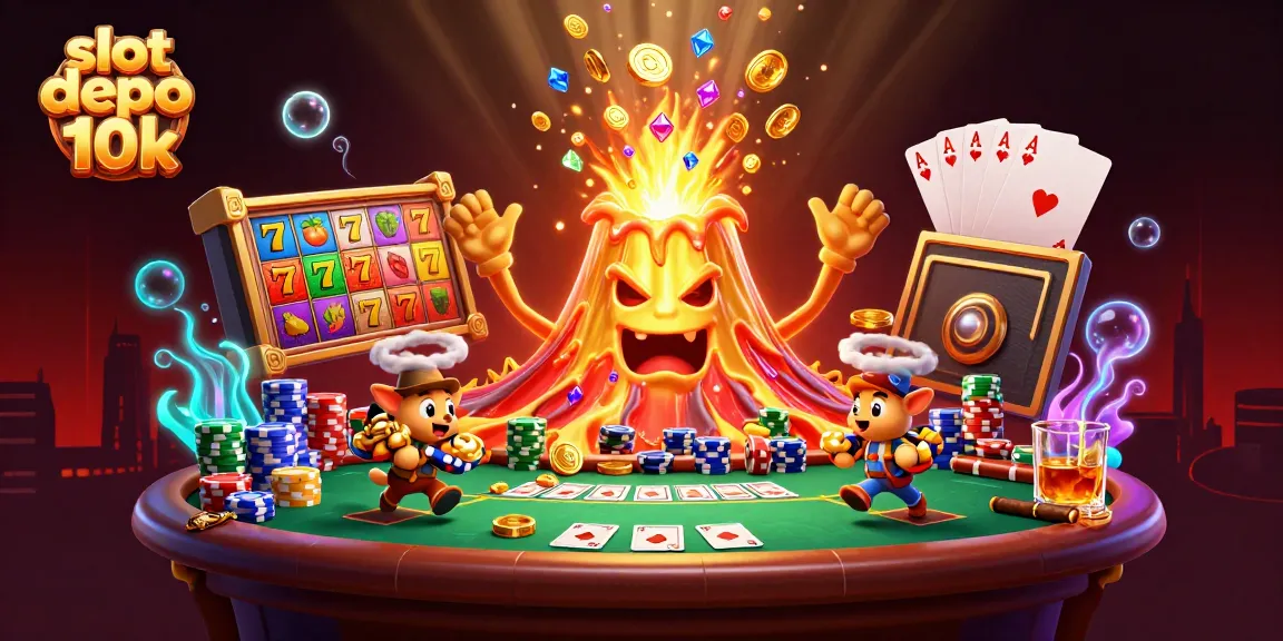 Permainan slot depo 10k yang seru dengan gunung emas dan karakter menarik, dikelilingi harta karun!