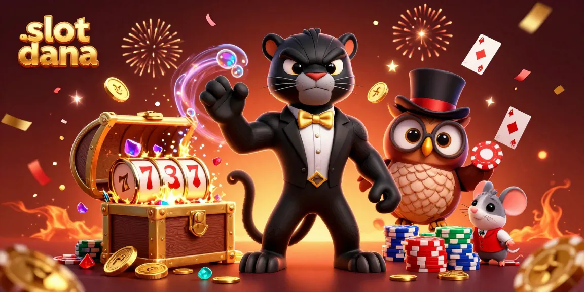 Permainan slot dana yang penuh warna dengan panther, burung hantu, dan tikus keberuntungan di tengah gemerlap koin emas.