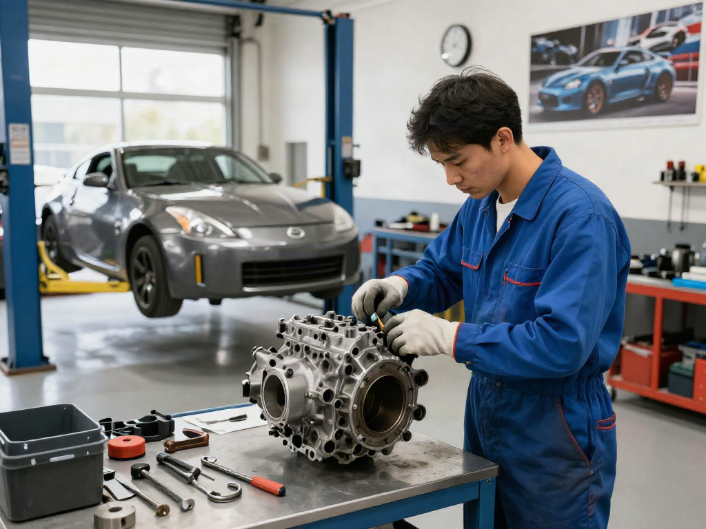 Inspection of a CD009 transmission in a bright automotive workshop