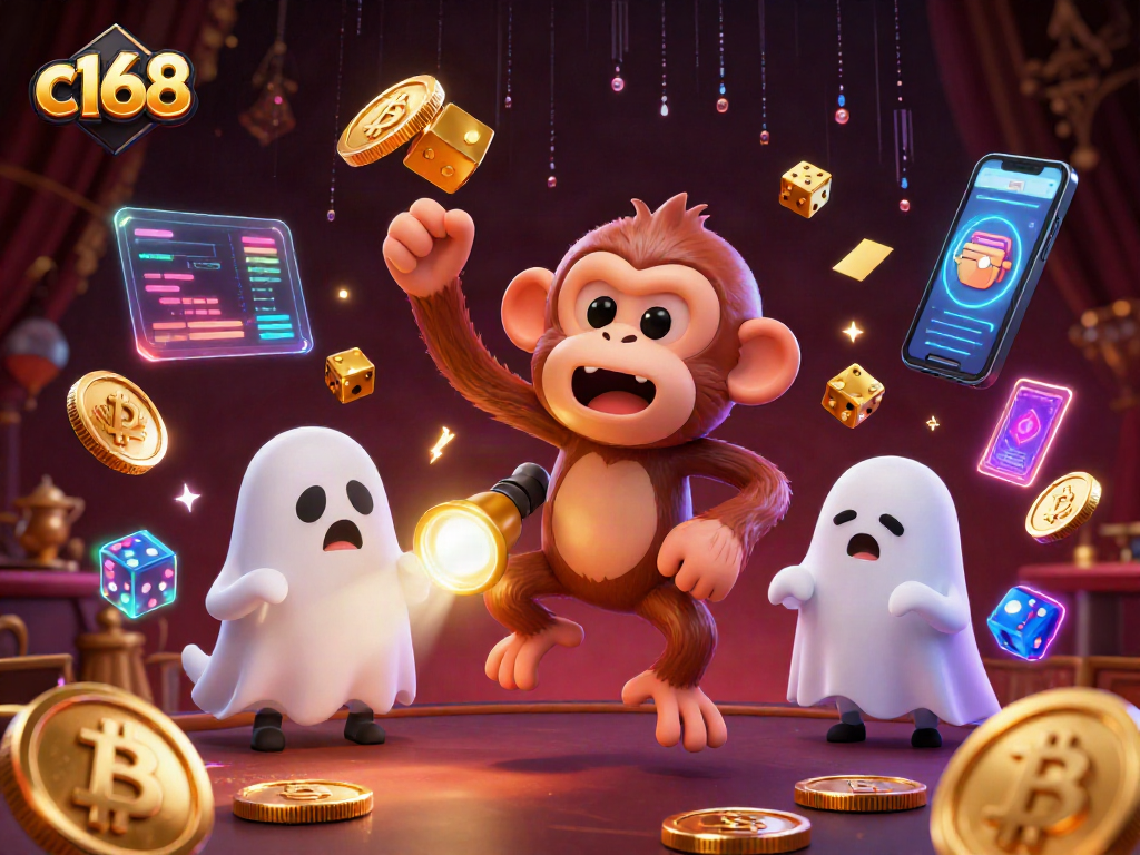 Engage with c168 in this vibrant, haunted casino adventure illustration featuring a playful poltergeist monkey and ghost-hunter puppy.