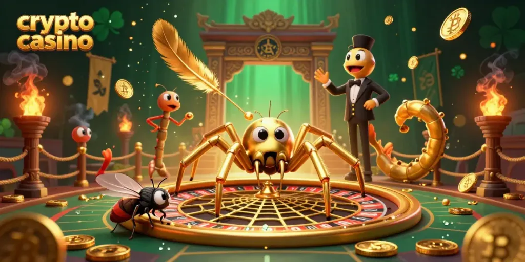 Experience the thrill of a crypto casino with a golden spider weaving a roulette wheel web in a lively 3D scene.