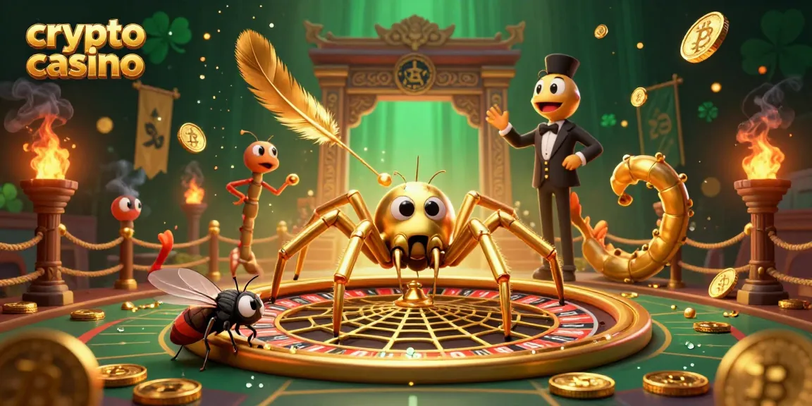 Experience the thrill of a crypto casino with a golden spider weaving a roulette wheel web in a lively 3D scene.