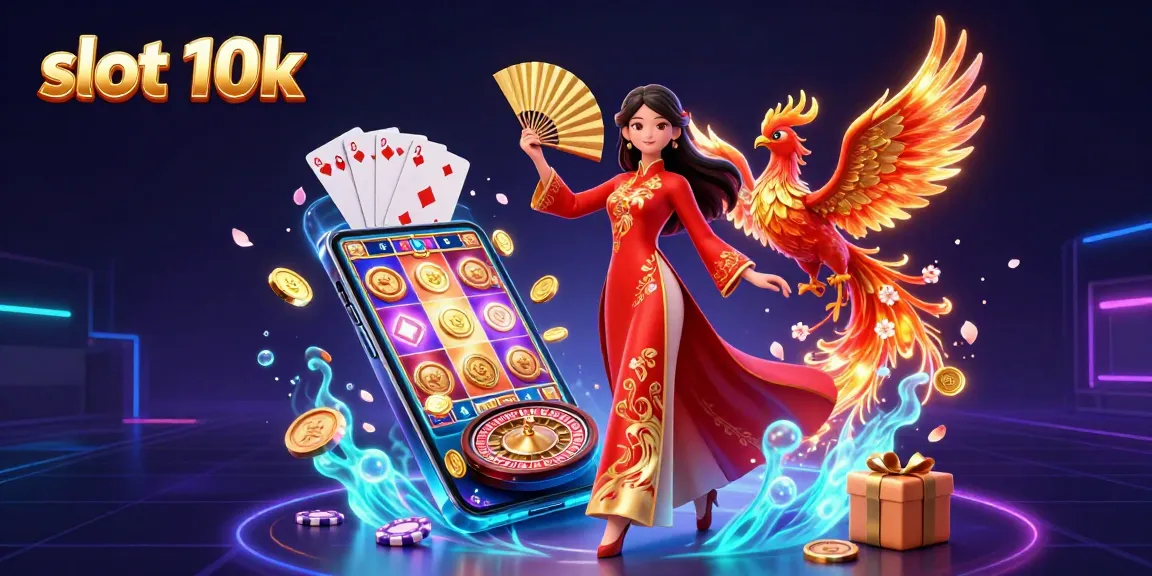 Experience thrilling wins in the slot 10k game featuring a vibrant scene of a beautiful woman, phoenix, and exciting casino elements.