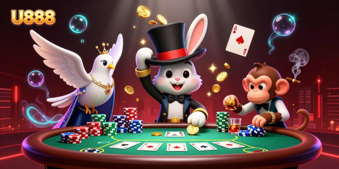 U888 magician rabbit conjures golden coins at a lively poker scene with exciting elements.
