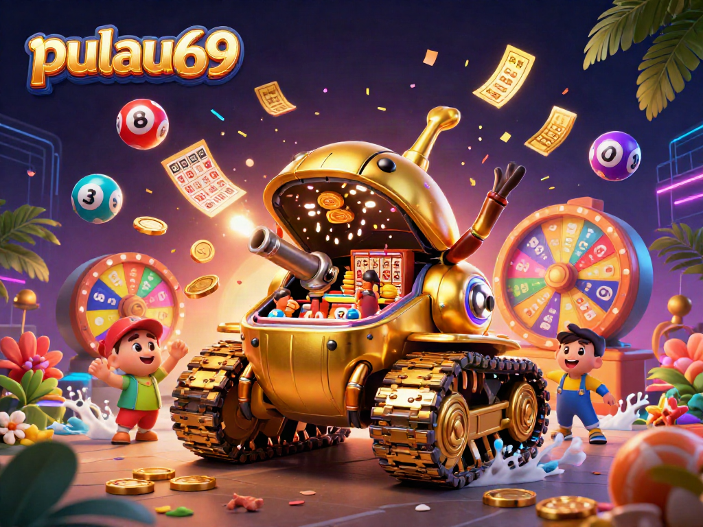 Engage with pulau69 in an ultra-detailed 3D casino scene featuring vibrant lottery elements and a golden beetle tank.