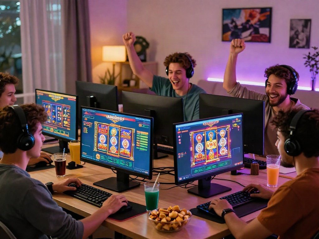 Friends enjoying a lively kebuntoto online gaming session with vibrant visuals and exciting atmosphere.