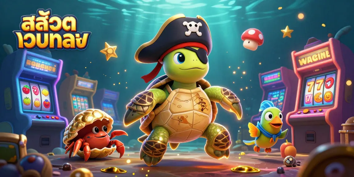 Experience magic in สล็อตเว็บตรง as a cartoon turtle, hermit crab, and parrotfish celebrate above colorful slot reels.