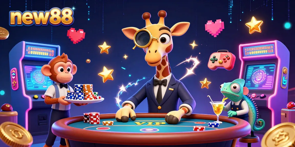 Experience excitement at new88 with a high-roller giraffe at a VIP poker table amidst vibrant casino elements.