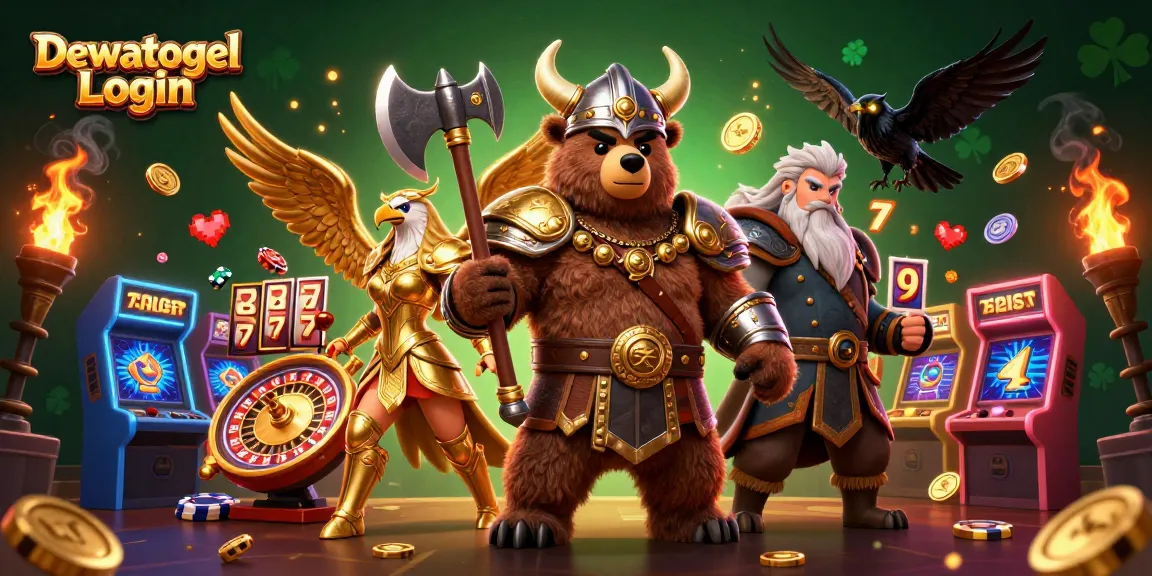 Play and win with Dewatogel Login, featuring a vibrant 3D casino scene packed with exciting game elements.