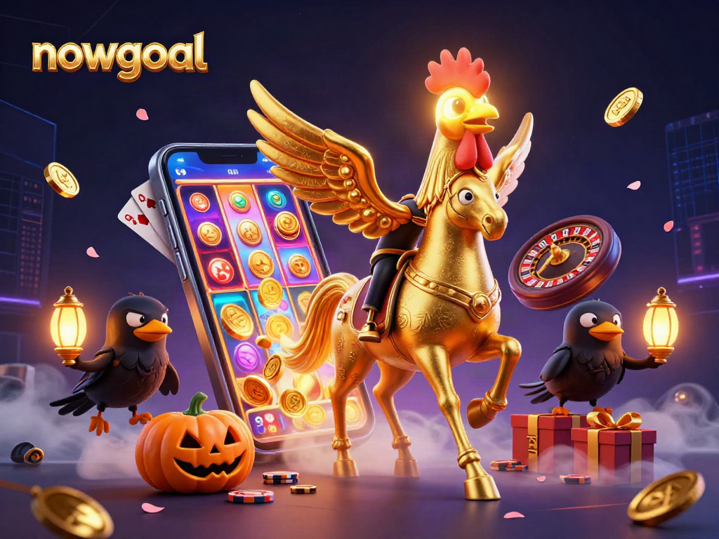 Engage with nowgoal's vibrant casino scene featuring a golden rooster and slot games.