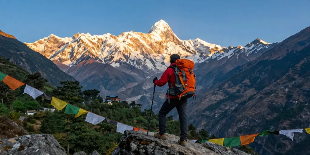 Manaslu Circuit trekker enjoying panoramic mountain views during sunset
