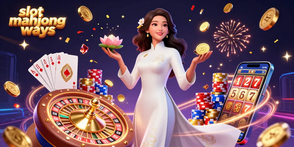Engage with slot mahjong ways in a vibrant casino scene showcasing elegant character, golden coins, and dynamic game elements.