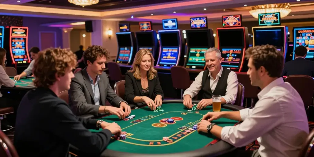 Vibrant casino scene depicting players enjoying games at a lively casino not on gamstop.