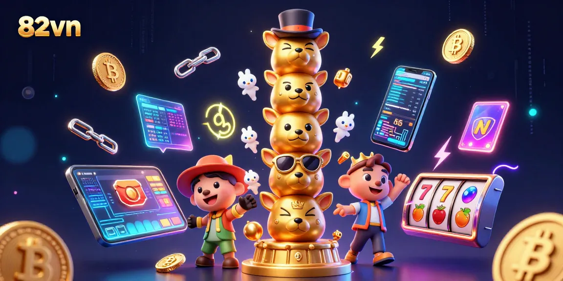 Place bets and win at 82vn's exciting casino with vibrant 3D illustrations showing unique game elements.