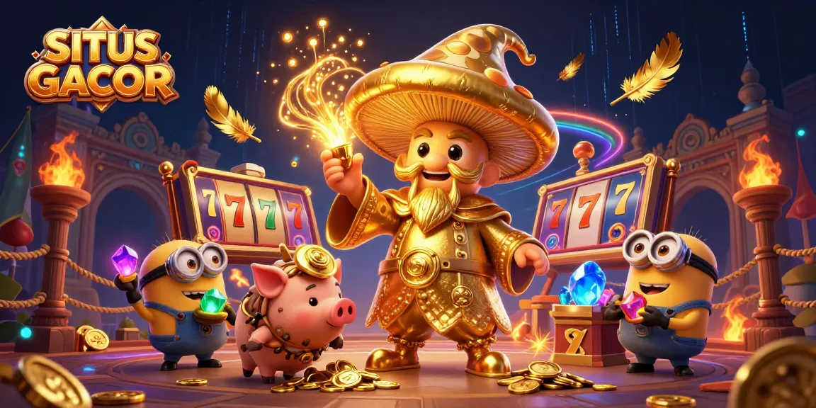 Engage with SITUS GACOR in this vibrant 3D illustration depicting a magical wizard and treasure-hunting pig.