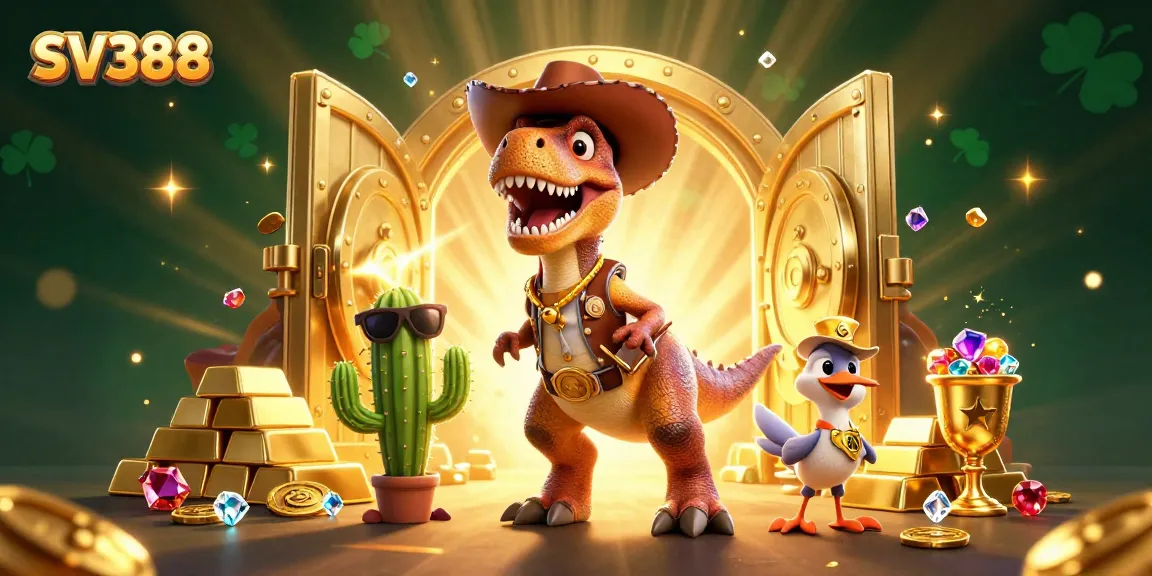 Experience SV388 with a dynamic illustration showcasing a cowboy dinosaur and vibrant casino elements.