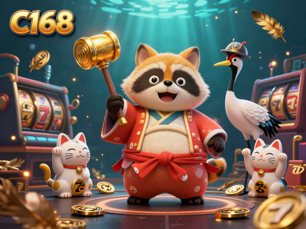 C168 celebrates wins in an engaging casino scene with a cheerful tanuki and lucky symbols.
