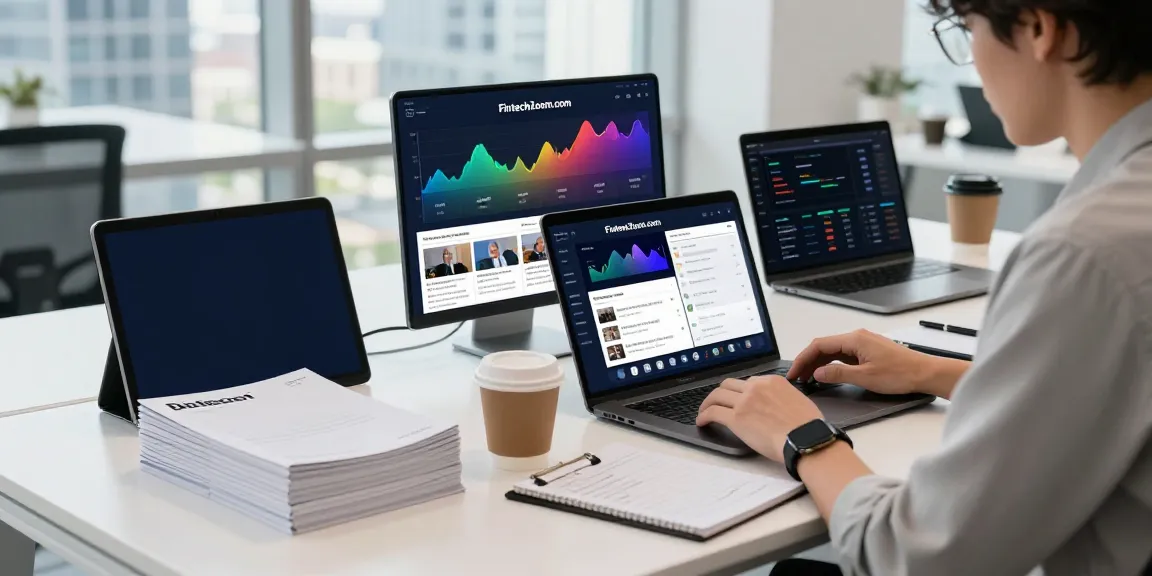 Person analyzing financial charts on FintechZoom.com in a modern office setting.