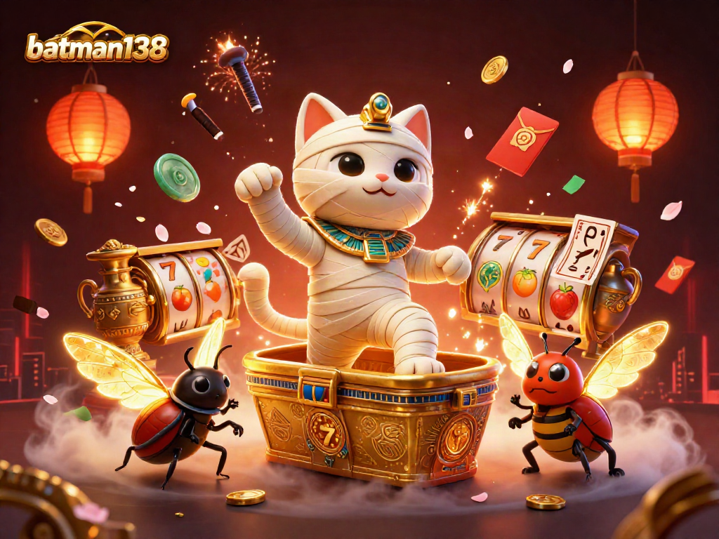 Experience the thrills of batman138 with vibrant slot reels and animations in a captivating casino scene.