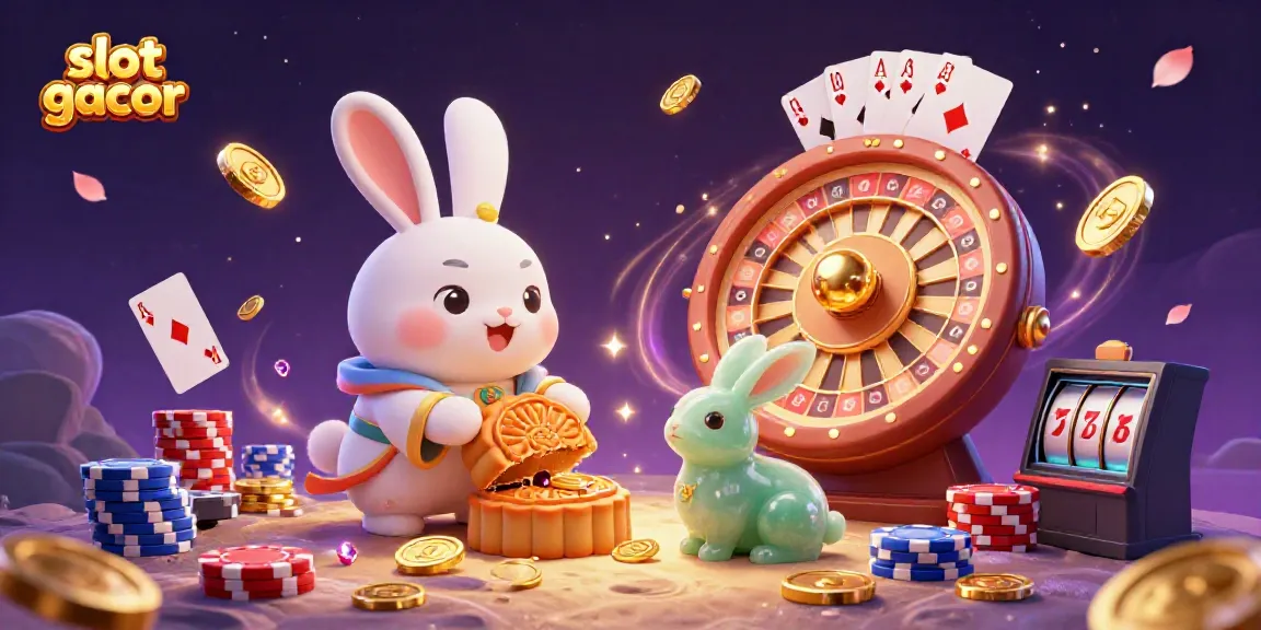 Experience the slot gacor excitement with this vibrant 3D illustration featuring a moon rabbit and casino elements.
