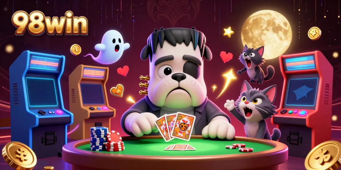 Engage in thrilling gameplay at 98win with a cartoon bulldog dealer, ghost mouse, and werewolf kitten.