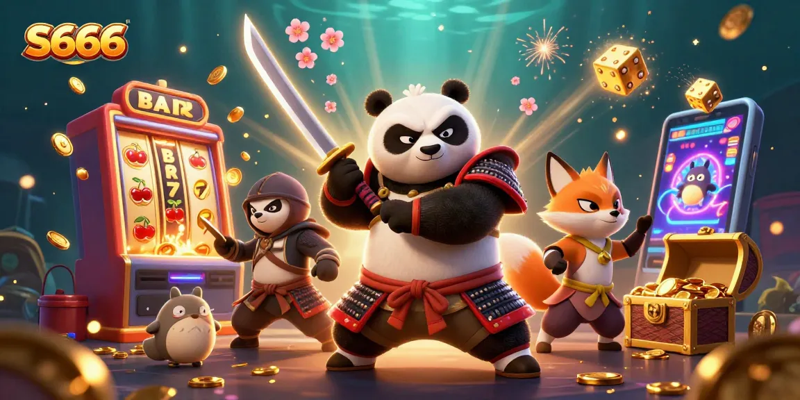 S666 showcases an engaging scene with a samurai panda and a ninja fox amid vibrant slot machine action and magical elements.