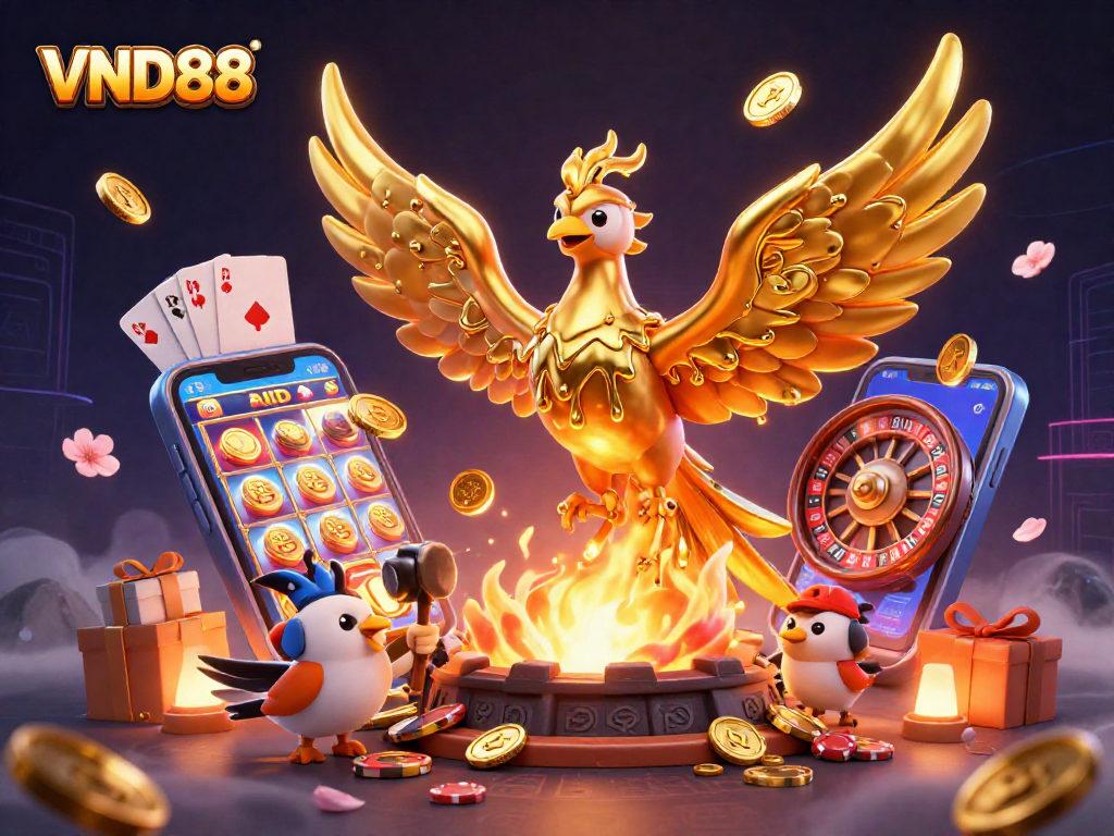 VND88 captures a dynamic scene of a golden phoenix emerging with casino elements, highlighting excitement and winnings.