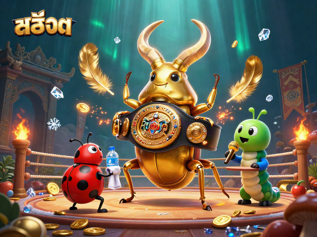 Spin the reels with สล็อต as a giant golden stag beetle battles, surrounded by golden coins and vibrant casino elements.