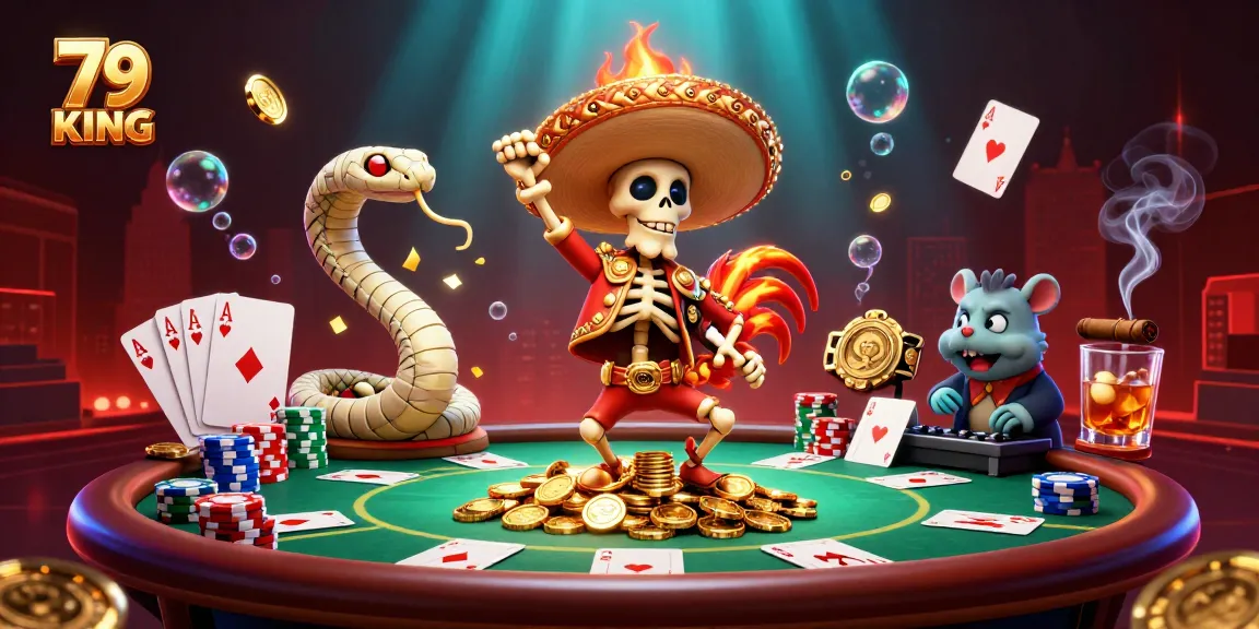79 KING interactive cartoon scene featuring a vibrant celebration in a casino atmosphere with skeleton mariachi, mummy snake, and DJ hamster.