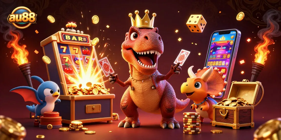 Experience the excitement of au88 casino with a vibrant scene of characters playing cards and stacking chips