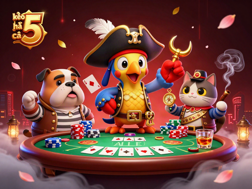 Engage in exciting gambling at kèo nhà cái 5 with a lively, 3D illustration featuring a pirate captain and his crew surrounded by vibrant poker elements.