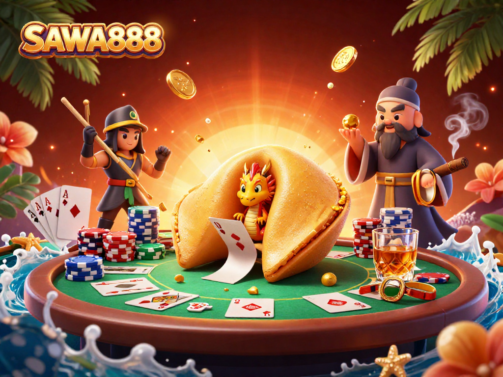 Experience thrilling moments at SAWA888 with a vibrant poker table scene featuring engaging cartoon characters.