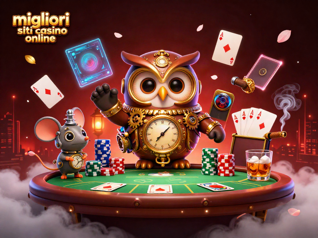 Giocare nei migliori siti casino online con un gufo viaggiatore e un topo di orologio tra poker e elementi futuristici.