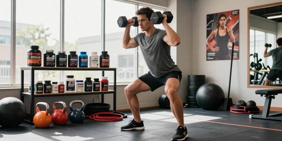 Astera Shop showcasing fitness products with an individual lifting weights in a vibrant gym environment.