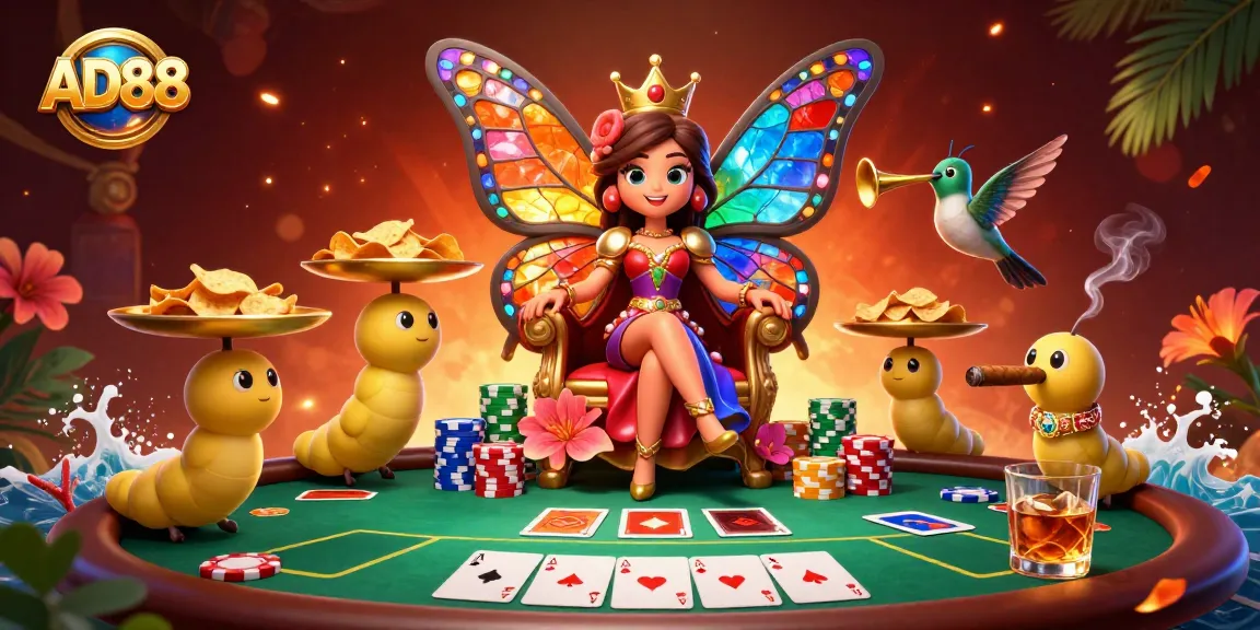 AD88 illuminates a vibrant casino scene with a butterfly queen and poker elements.