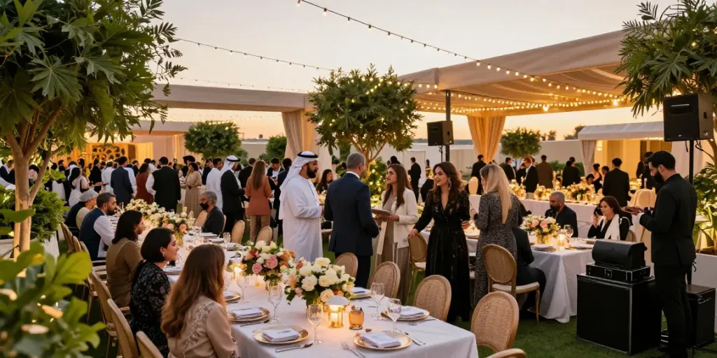 Event rentals for a luxurious outdoor gala in Riyadh with elegant décor and AV setup.