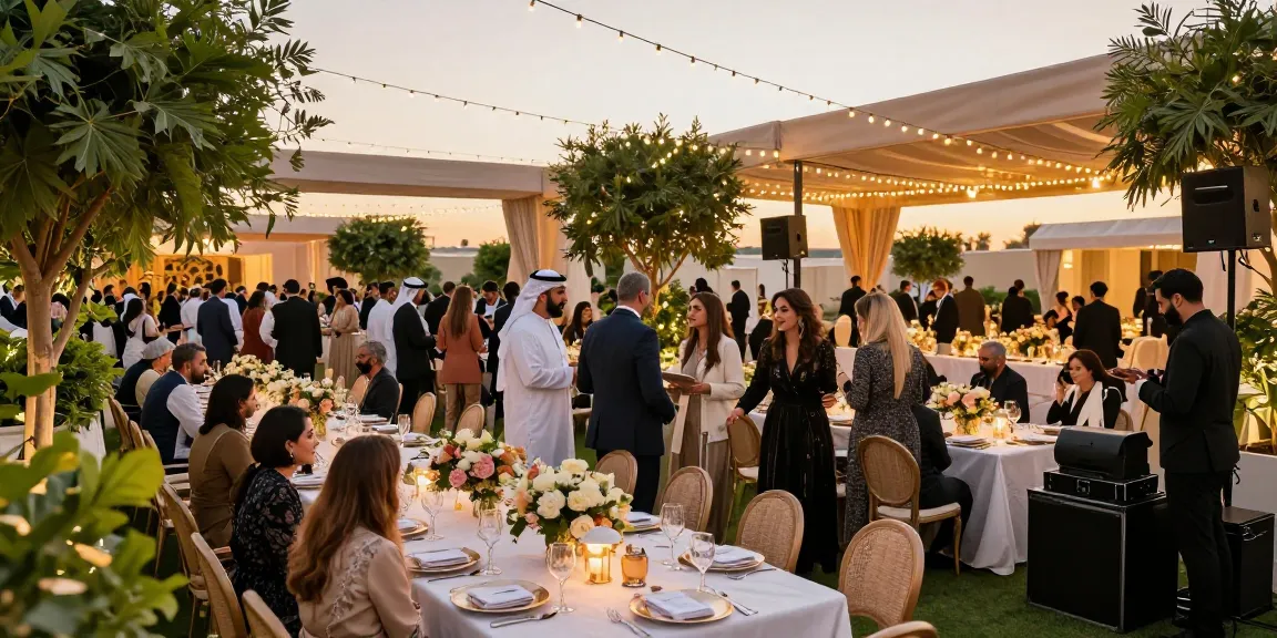 Event rentals for a luxurious outdoor gala in Riyadh with elegant décor and AV setup.