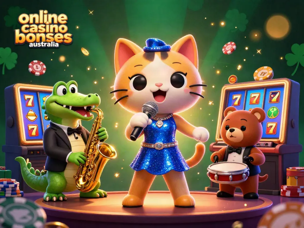 Engage in online casino bonuses australia with vibrant characters amidst slot machines and game excitement.