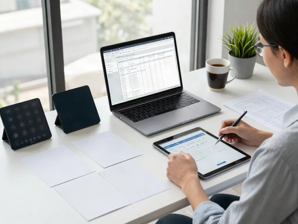 Efficient workspace featuring software for starting a tax preparation business with tools and documents